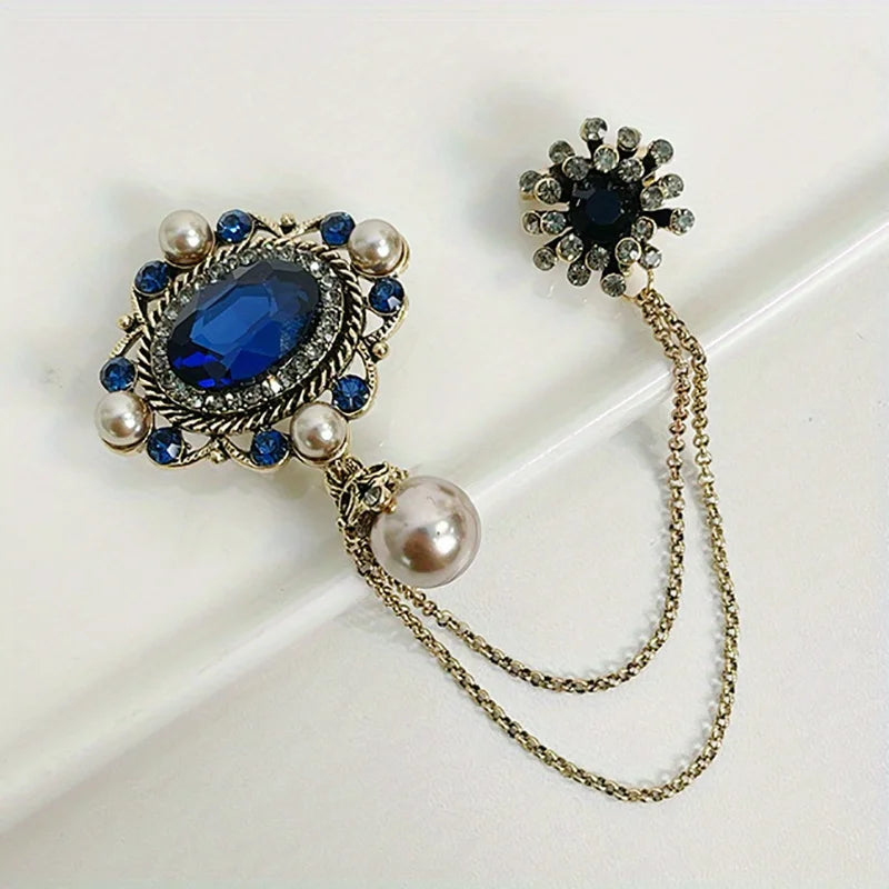 Vintage Fashion Black Crystal Sparkling Rhinestone Brooch Creative Lapel Pin Medieval Design Long Chain Brooches Autumn Winter