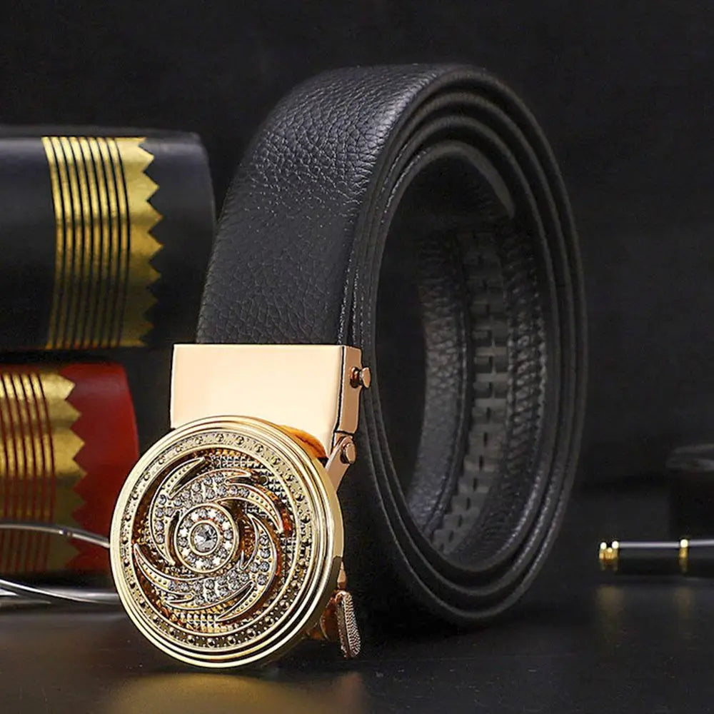Men Business Time To Run Belt Man Automatic Buckle Leather Belt Golden Waist Buckle Males Luxury Belt Rhinestone...