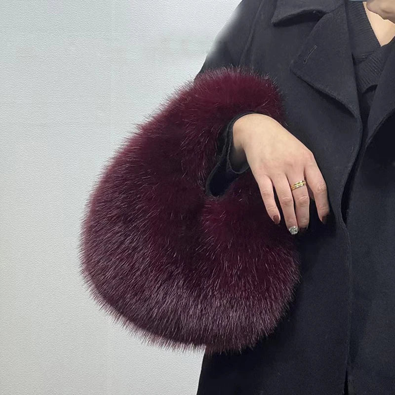 Fashion Soft Plush Half Moon Bags for Women Designer Fluffy Faux Fur Lady Handbags Luxury Small Tote Female Winter Purses