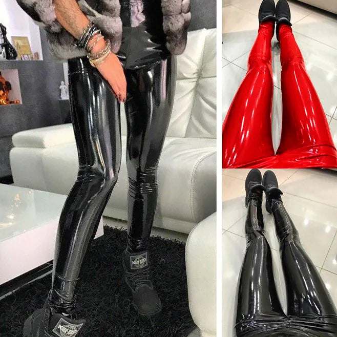 Women Sexy High Waist Leather Pants Flash PU Pencil Leggings Erotic Zip Trousers Lady Butt Lift Skinny Latex Panties