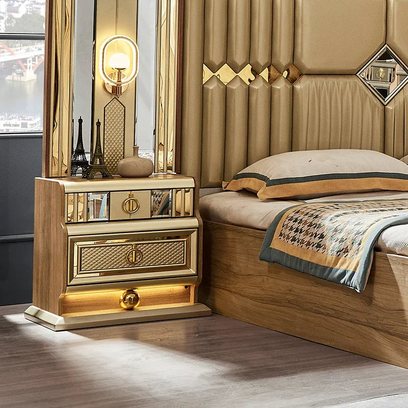 A Luxury Gold Royal Wood King Size Bed Set Villa Master Room Modern Wooden Full Queen Mdf Home Furniture Bedroom Sets