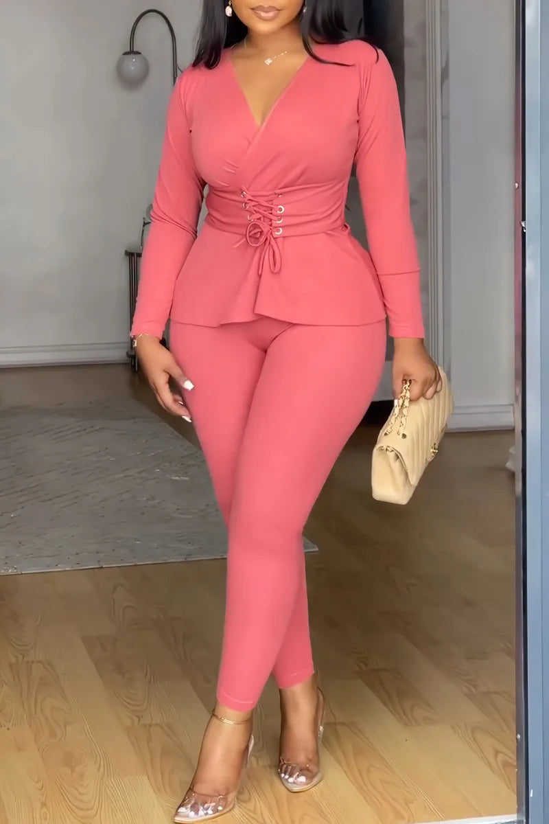 Pant Set Women Two Piece Sets V Neck Elegnt Work Solid Casual Slim Fit High Waist Tops Matching Sets Long Pants Slim Fit 2025