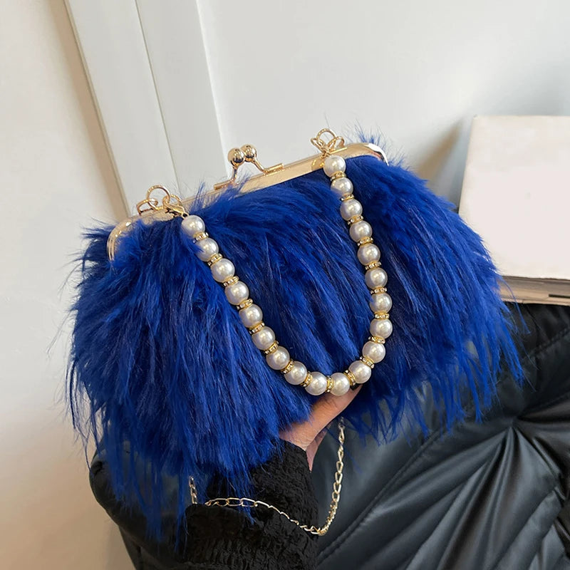 French Square Evening Banquet Bag Handle Pearls Plush Handbag Large Capacity Lock Buckle Shoulder Crossbody Bag Wedding