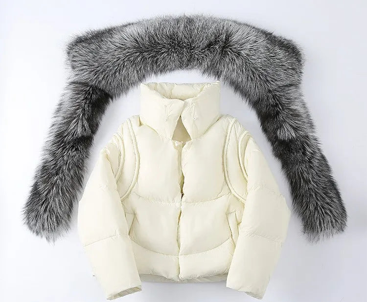 New Fashion Outerwear Puffer Jacket 2024 Women Coat White Duck Down Jacket Super Large Real Silver Fox Fur Collar Hooded