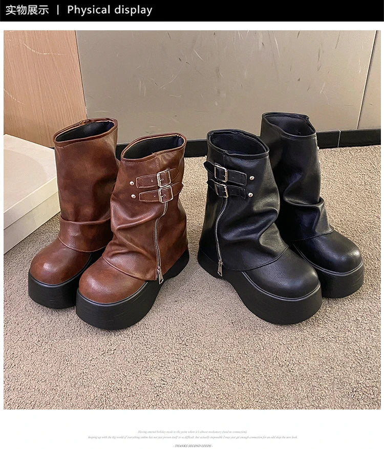 Soft Leather Ankle Mid Calf Boots Winter Autumn High Platform Wedge British Booties Woman New Ladies Chunky Motorcycle Boots 9CM