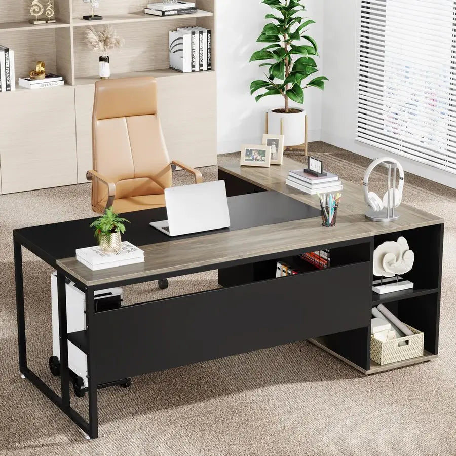 71 inch Executive Desk, L Shaped Desk with Cabinet Storage, Executive Office Table with Shelves, Business Furniture Set Worksta - Kimlud