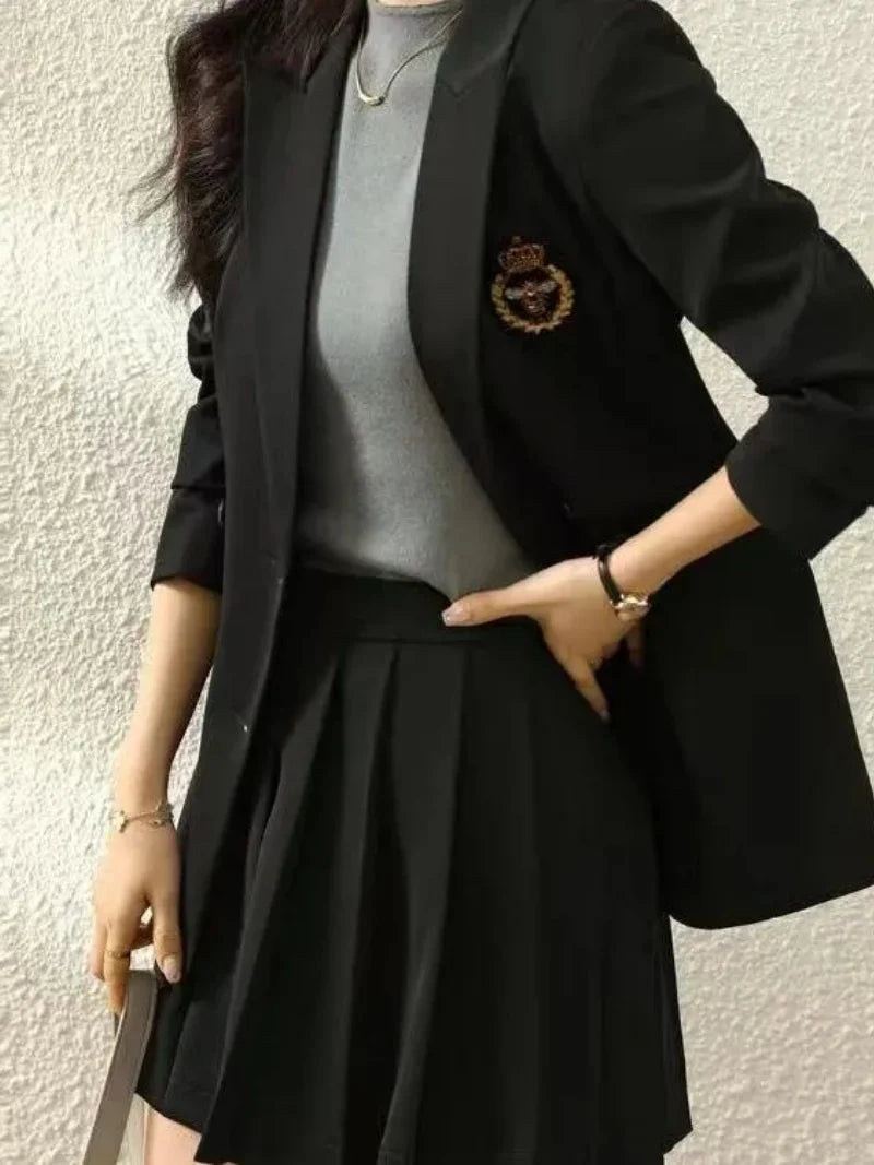 Korean Preppy Suit Women Fashion Embroidered Badge Double Breasted Jacket+High Waisted Pleated Mini Skirt Elegant Party Set 131F