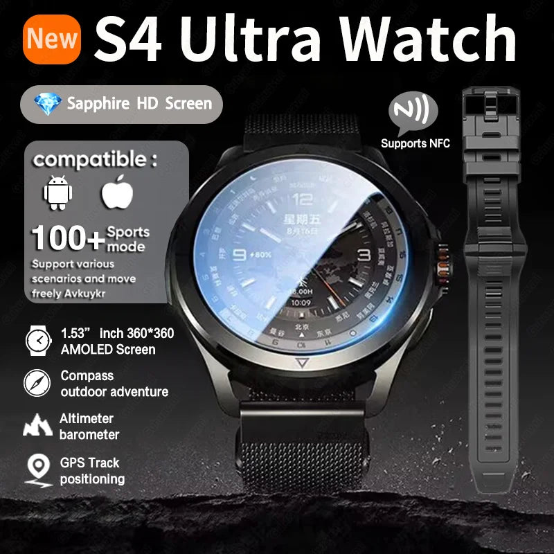 New S4 Ultra Outdoor Sports Men Watches HD AMOLED Display GPS Track Altimeter Heart Rate Bluetooth Call Waterproof Smart Watch