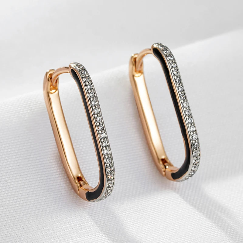 Wbmqda Elegant Fashion Black Enamel Zircon Hoop Earrings For Women 585 Rose Gold Color Classic French Style Fine Jewelry Gifts