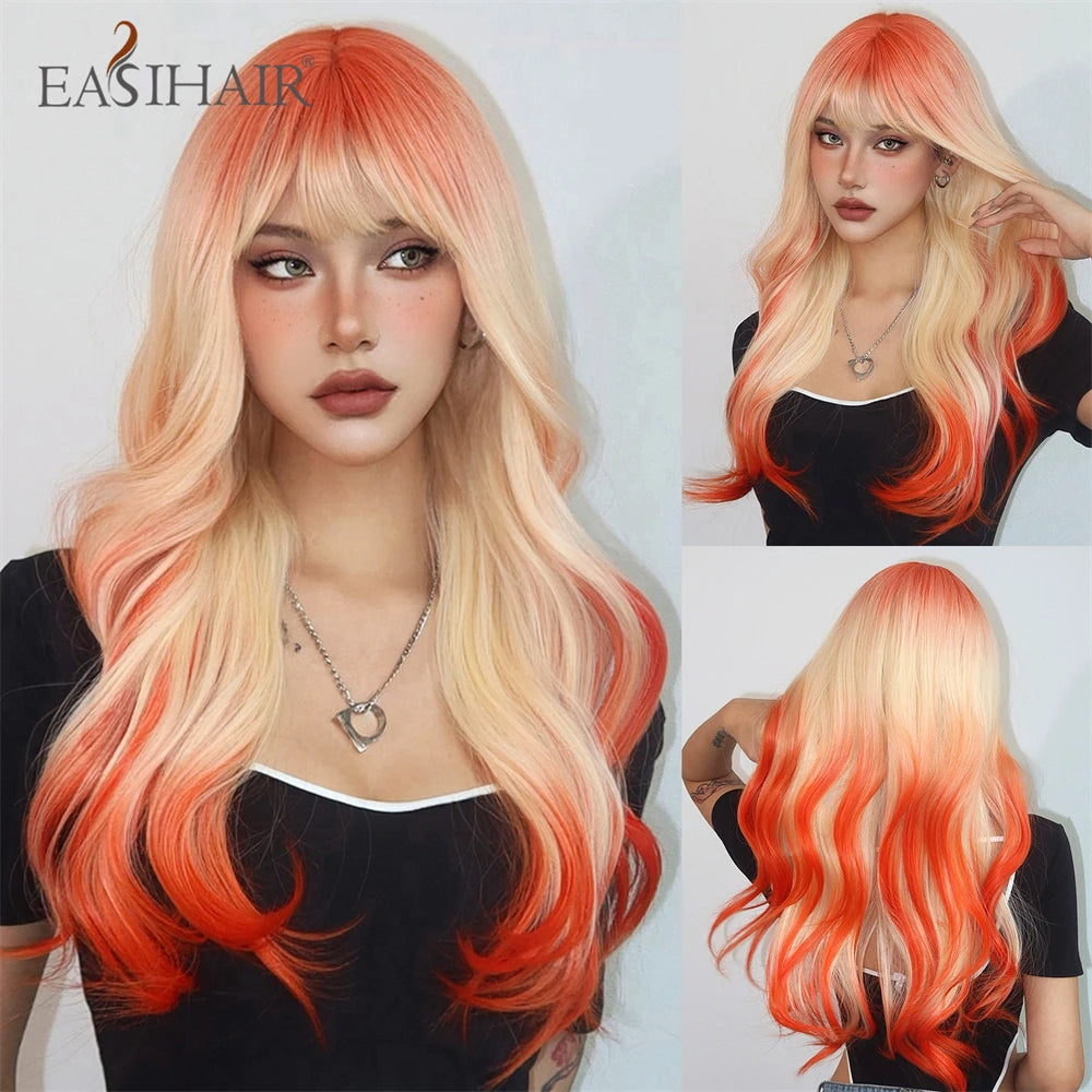 EASIHAIR Sandy Blonde Golden Wavy Synthetic Wigs with Long Bangs Cosplay Lolita Party Hair Wigs for Women Natural Heat Resistant