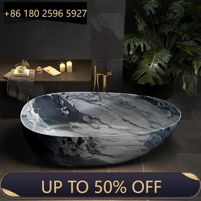 Luxury marble-patterned freestanding bathtub, oval-shaped artificial stone soaking tub, suitable for hotels and villas.