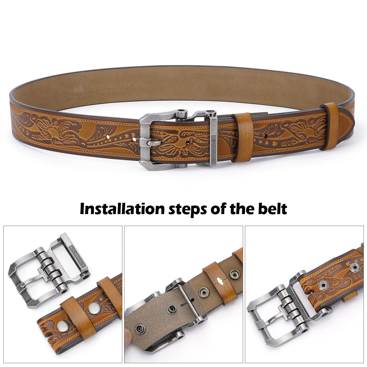 BISON DENIM Cowhide Retro Printed Men Belt Genuine Split Leather Alloy Pin Buckle Belt Casual Western Cowboy Style Belt For Men