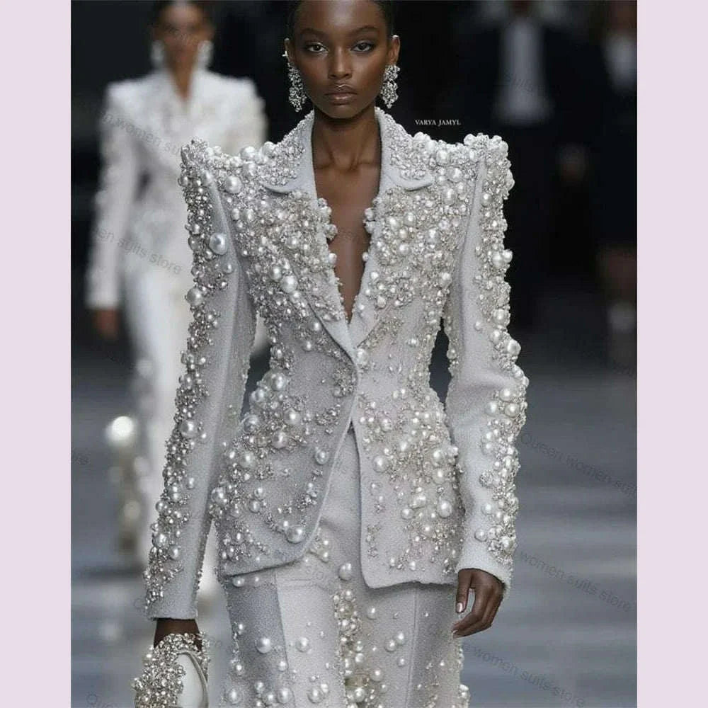 Silver Women Suit Set 2 Pcs Pearls Blazer+Straight Pants Trousers Customized Formal Office Lady Jacket Wedding Prom Coat