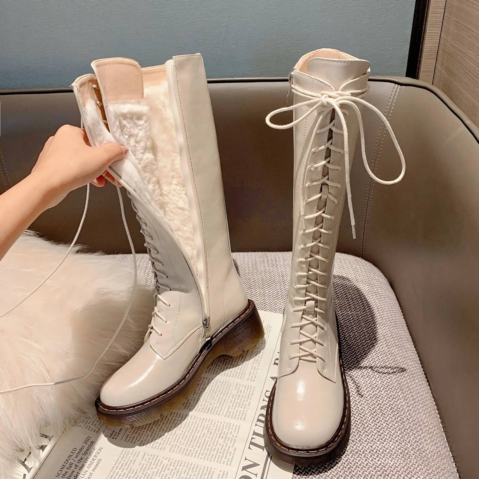 Krazing Pot Vintage Cow Split Leather Wool Snow Boots Winter Keep Warm Round Toe Cross-tied Med Heels Platform Thigh High Boots