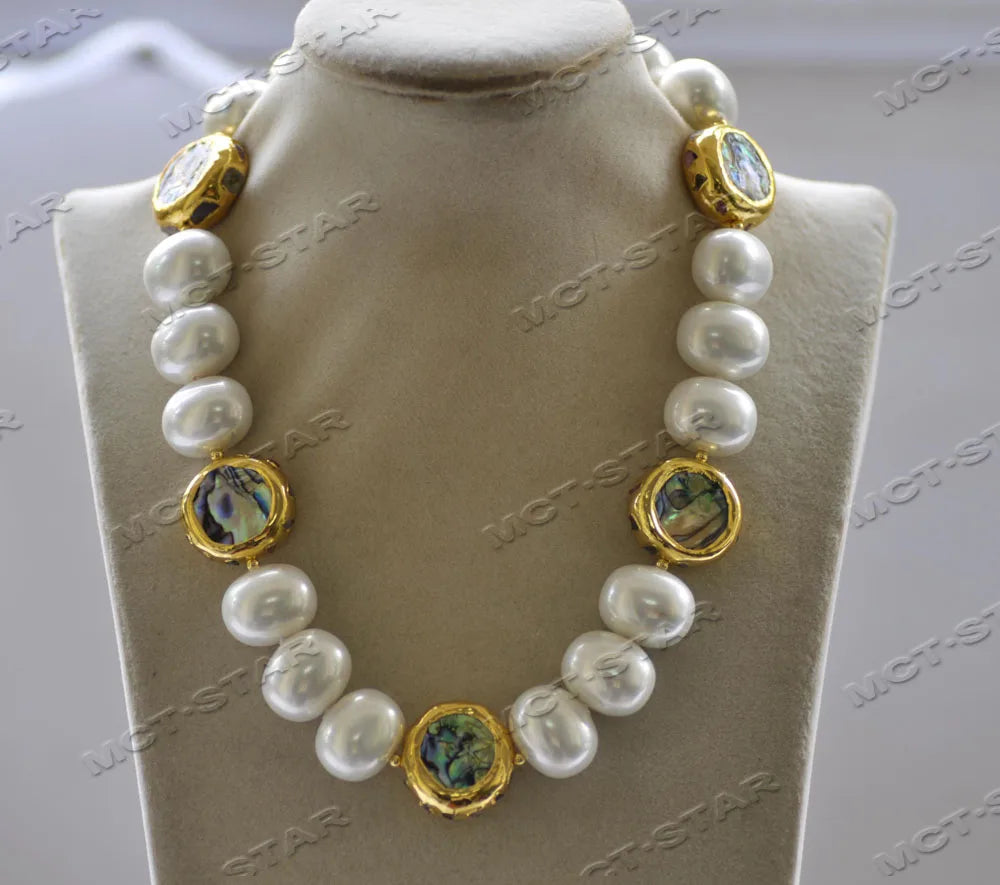 Z12723 18" 25mm Abalone Shell Gold-Plated Peacock-Black White Egg South Sea Shell Pearl Necklace