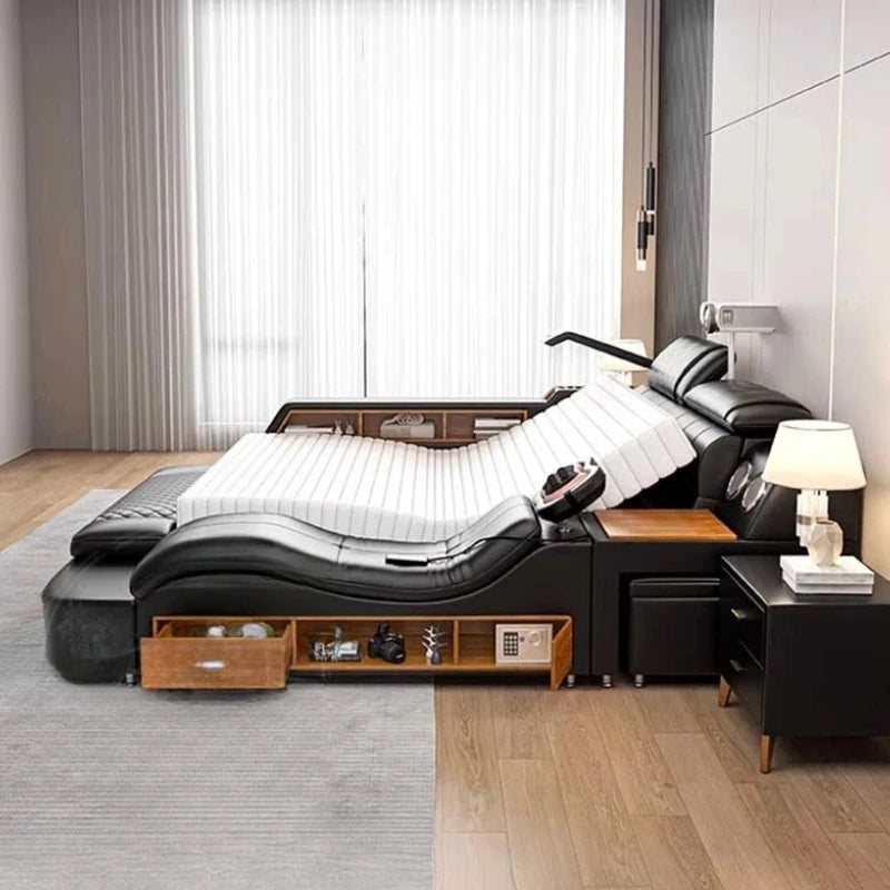 Nordic Multifonction Double Bed Side By Side Leather Luxury King Size Bed Frame Platform Wood Design Lit Bedroom Set...