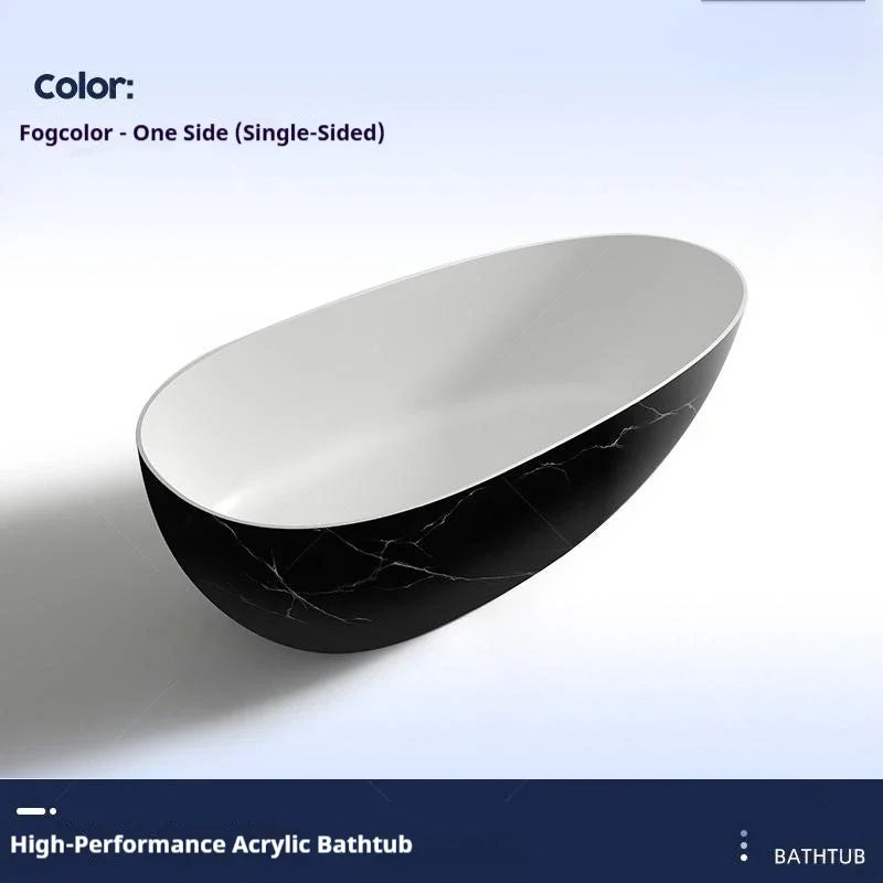 Luxury marble-patterned freestanding bathtub, oval-shaped artificial stone soaking tub, suitable for hotels and villas.