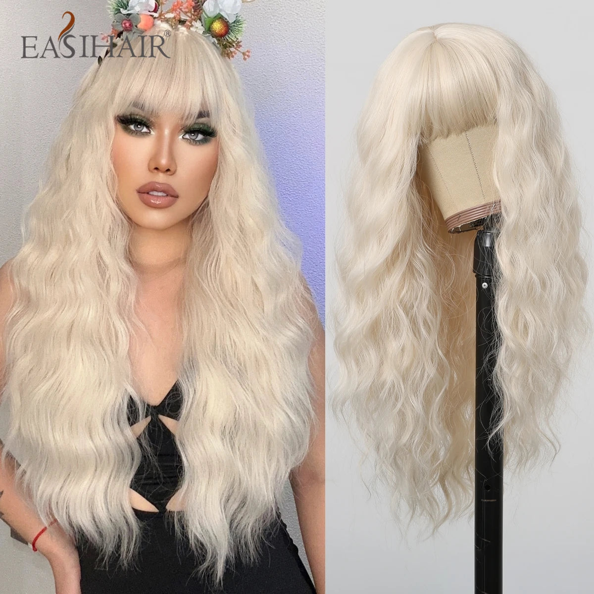 EASIHAIR Sandy Blonde Golden Wavy Synthetic Wigs with Long Bangs Cosplay Lolita Party Hair Wigs for Women Natural Heat Resistant
