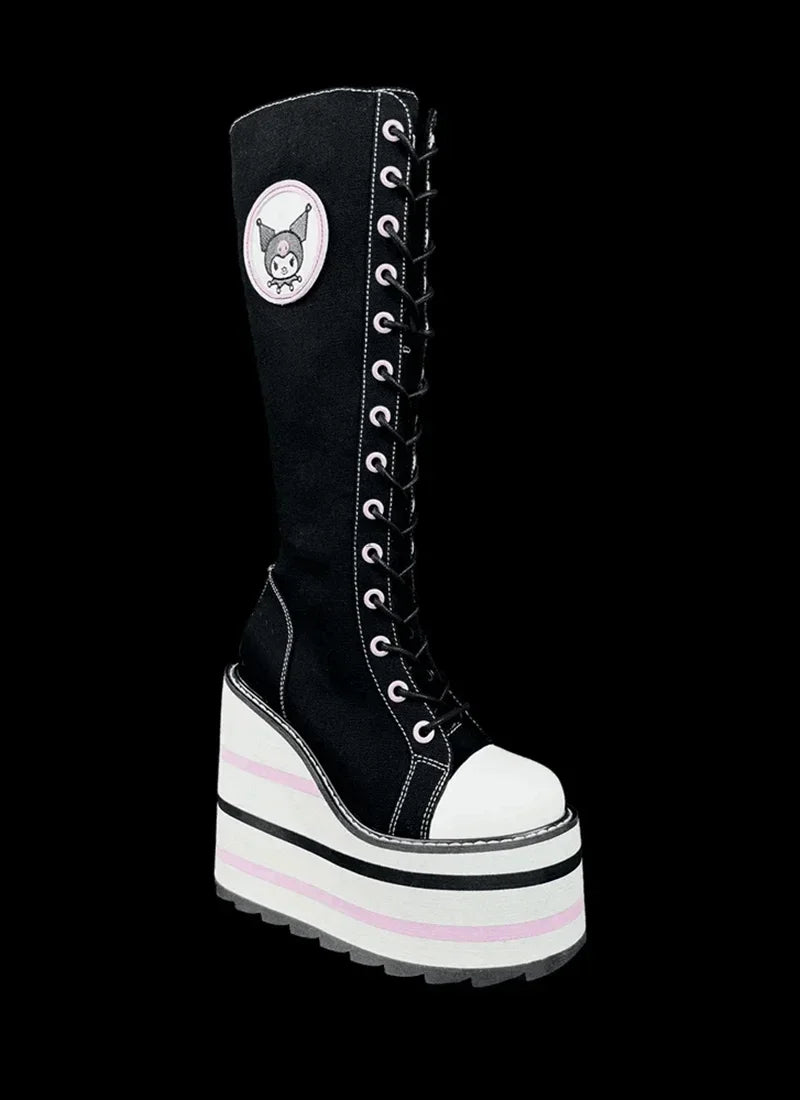 Canvas red Check Platform Knee high Boots Women Metal Chain Round Toe Wedges Cross Tied Lolita Heighten Shoes Lovely Sexy Boots