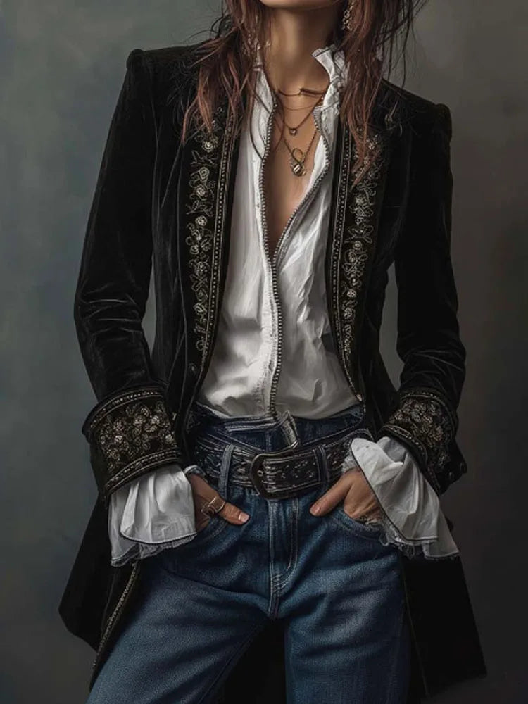 Autumn Causal Long Sleeve Women's Outercoat Winter Elegant Patchwork Lace Velvet Slim Coat Vintage Pattern Print Cardigan Jacket