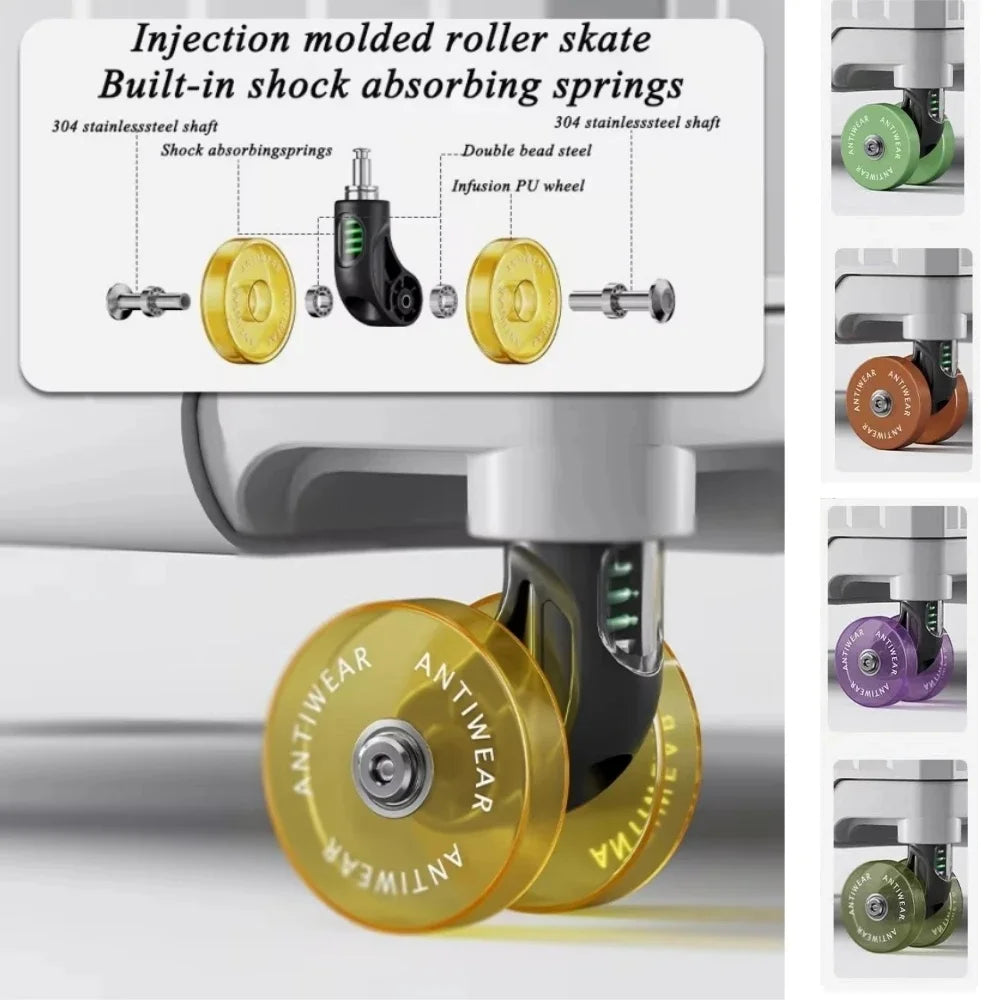 Front Opening Pocket Rolling Luggage Aluminum Frame Wide Handle Trolley Suitcase with Colorful Silent Wheels & USB Charging Plug