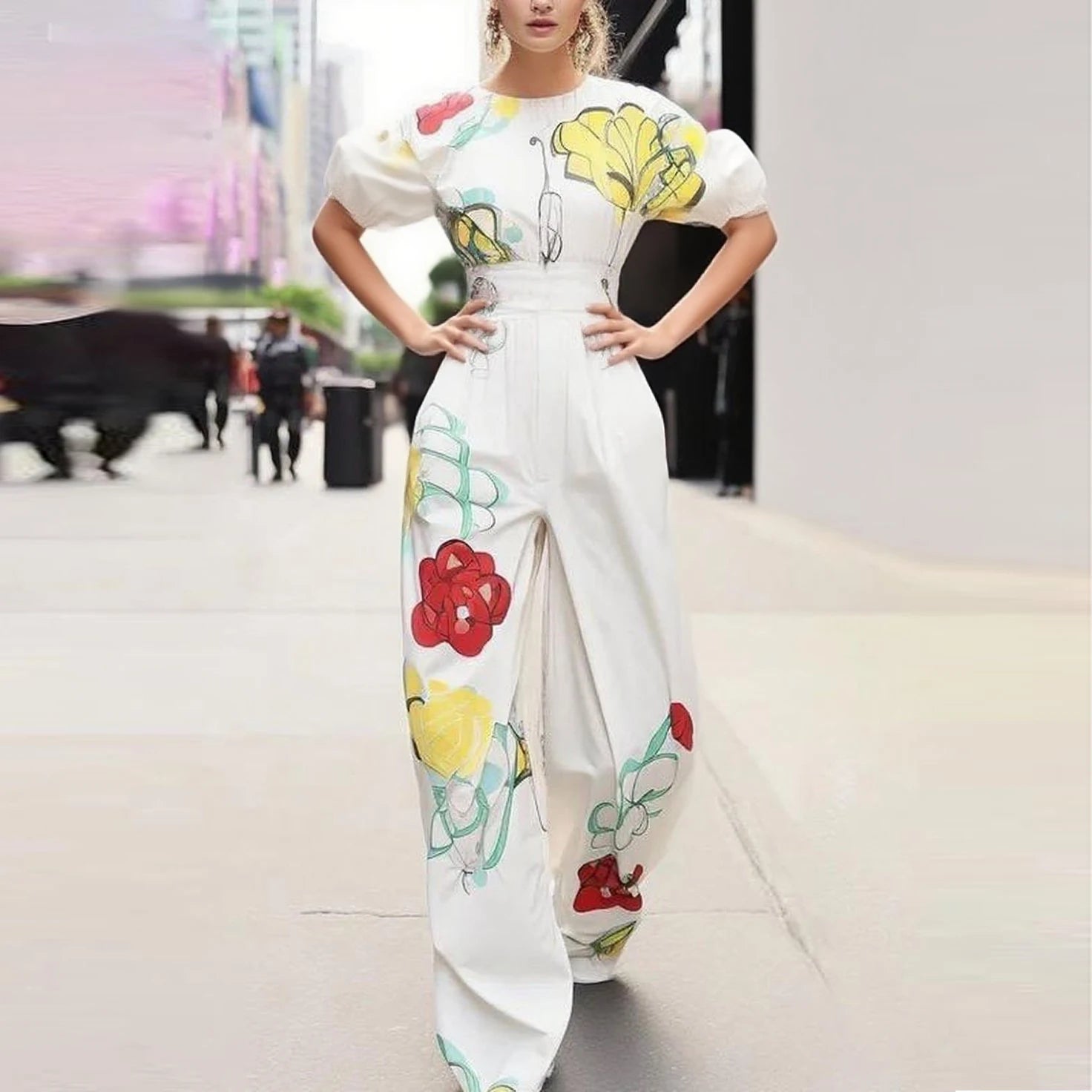 Krisstargirl Summer Outfit 2 Piece Set for Woman 2025 New Flower Print Blouses Top and Pleated Wide Leg Pants Sets Woman Clothes