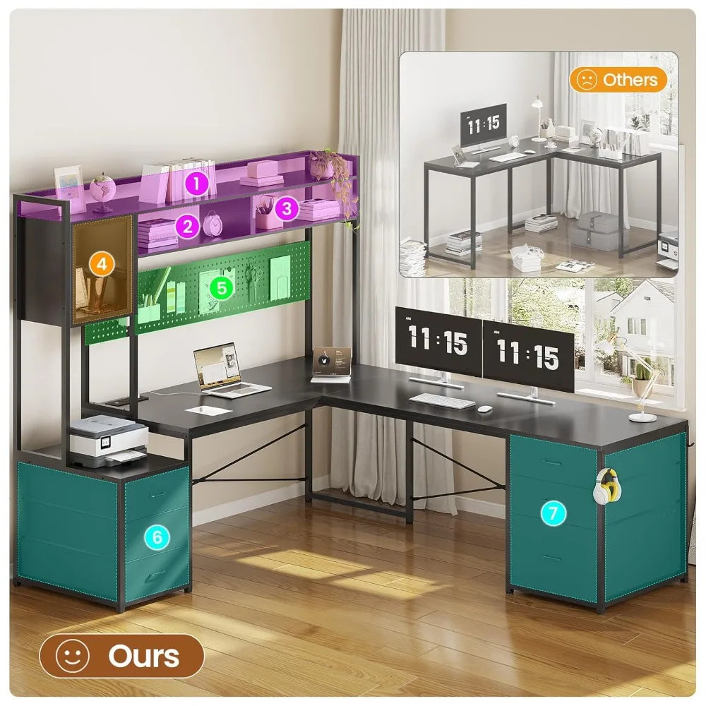 L Shaped Gaming Desk with Drawers, Reversible Computer Corner Desk with File Drawer, Hutch, Storage Shelves for,Customized - Kimlud