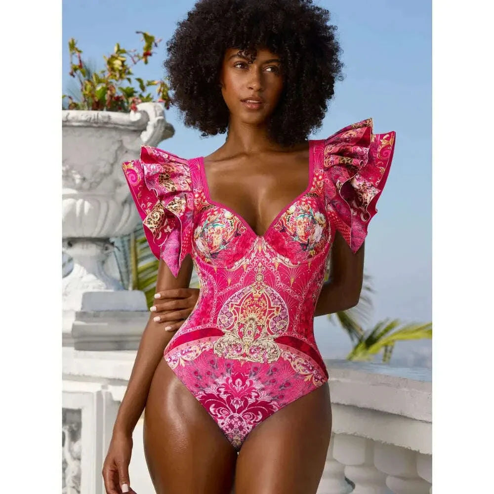 FLAXMAKER Ruffled Rose Red Blooming Flower Print One Piece Swimsuit and Skirt Women Beachwear Luxury Bathing Suit