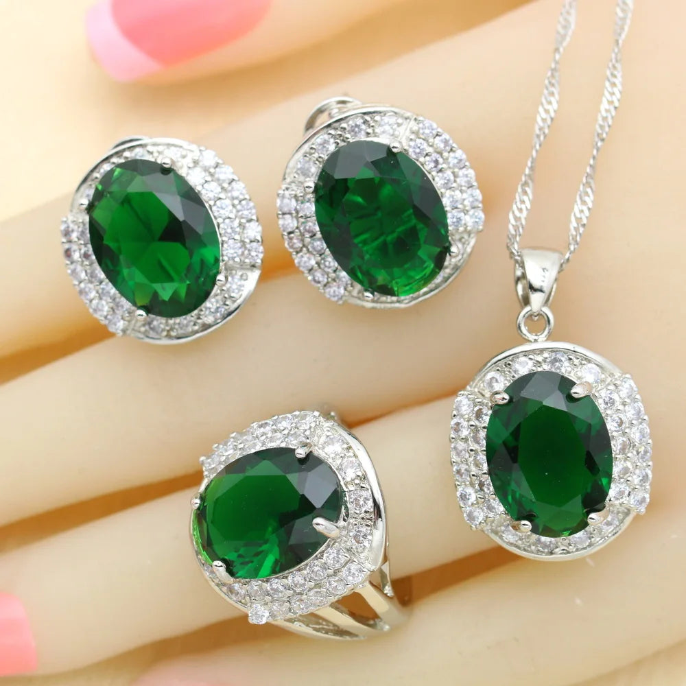 925 Silver Jewelry Sets Green Zirconia Necklace Pendant Hoop Earrings Ring Bracelet For Women Gift Box