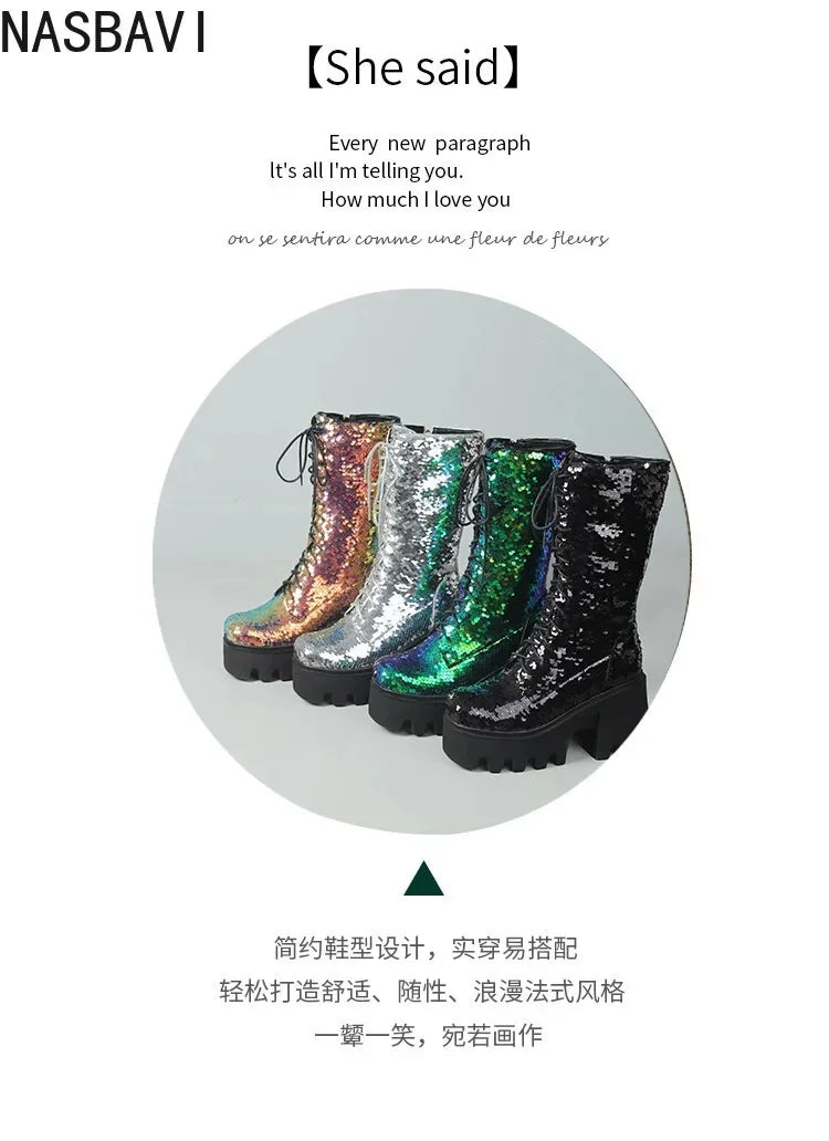 NASBAVI Sequins Cloth Bling Shiny Green Fish Scale Pattern Lace-up Punk Goth Women Winter Shoes Chunky Heels Mid-calf Boots 43