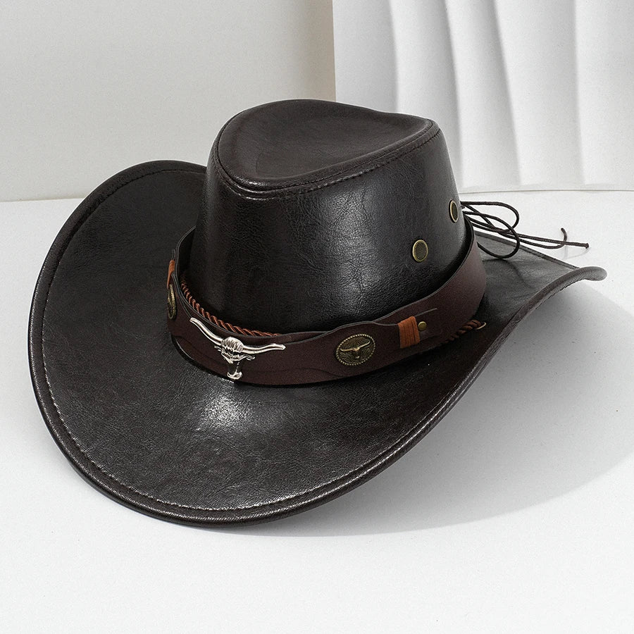 Unisex Vintage Faux Leather Western Cowboy Hat Outdoor Gentleman Cowgirl Jazz Cap Sombrero Hombre