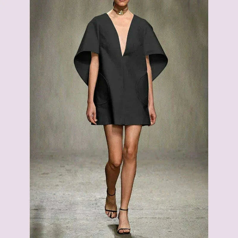 Yeezzi Fashion Black White Color Short Dress For Women 2024 New Spring Deep V-neck Half Sleeves Loose Prom Party Mini Dresses