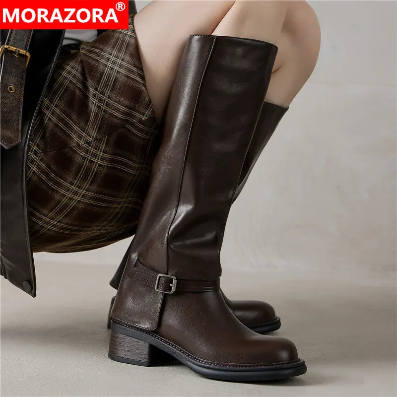 MORAZORA Genuine Leather Boots Women Square Mid Heels Black Brown Winter Boots Fashion Handmade Knee High Boots Ladies Shoes