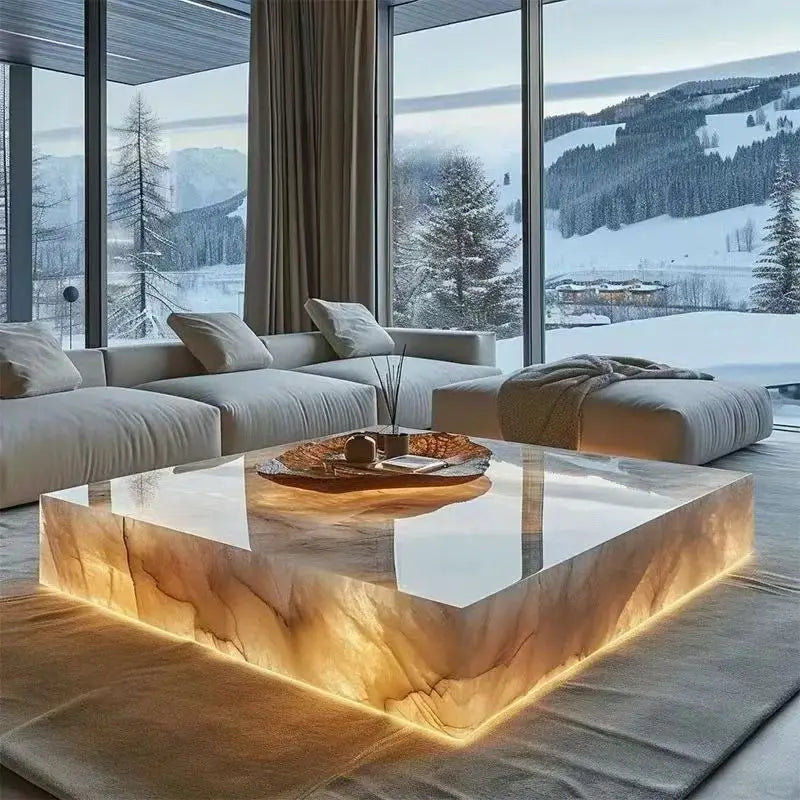 Square Ice Crack Onyx Luminous Coffee Table Tea Table for Bar Pub Restaurant 48'' 1200mm Back Lighted Translucent Furniture - Kimlud