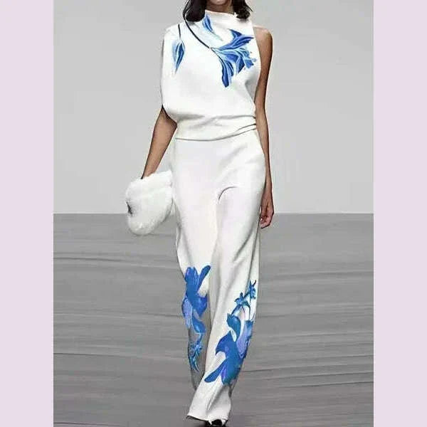 Two Piece Sets High Waist Wide Leg Trousers Outfits Matching Sets Suit Women Solid Turtleneck Sleeveless Tops Print Loose Pant