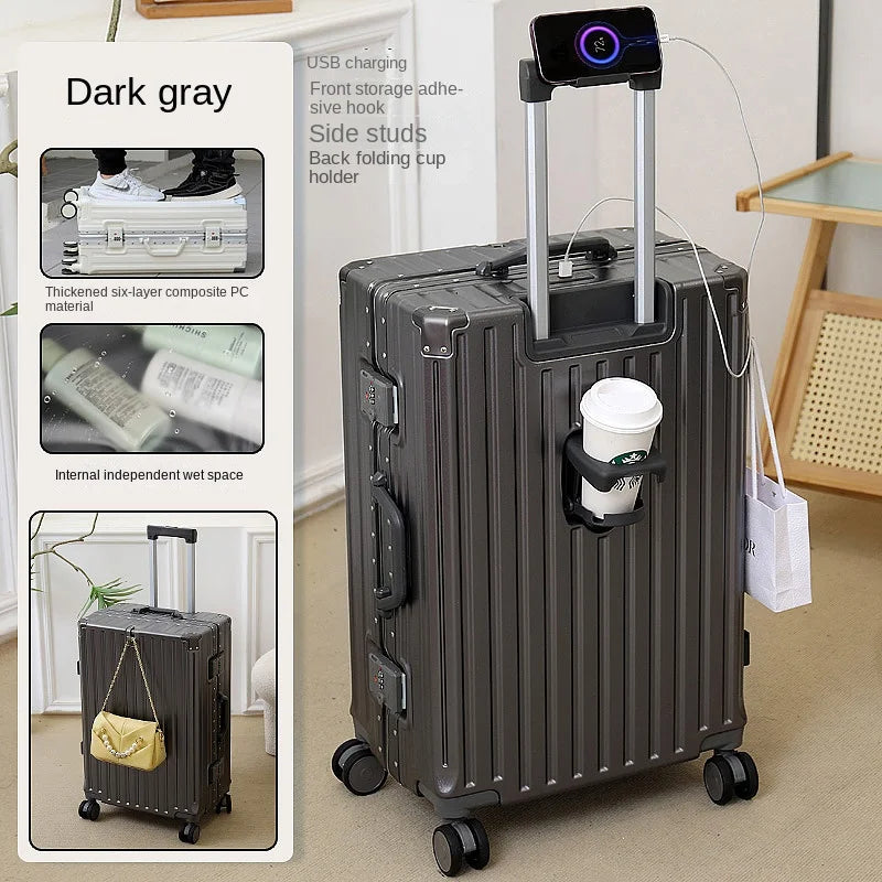 New Suitcase 30 inch Aluminium Frame USB Charging Luggage Carrier Boardable 20 inch Cabin Suitcases on Wheels with Cup Holder