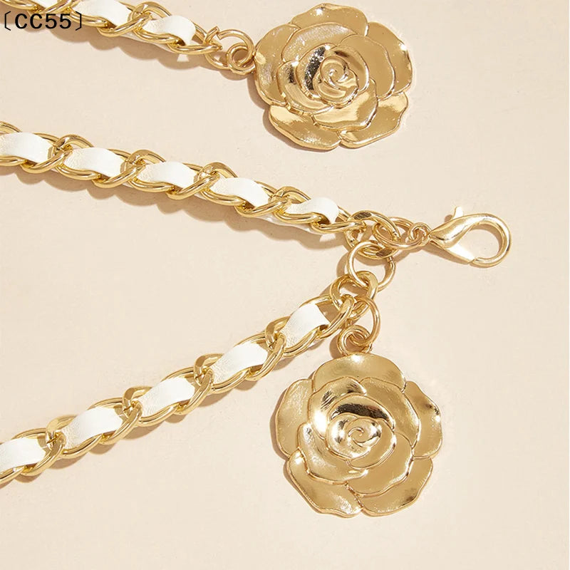 〔CC55〕Metal Waist Chain Belts Round Flower Pendant Chain Strap Rope Female Fine Waistband Dress Shirt Decora Waist...