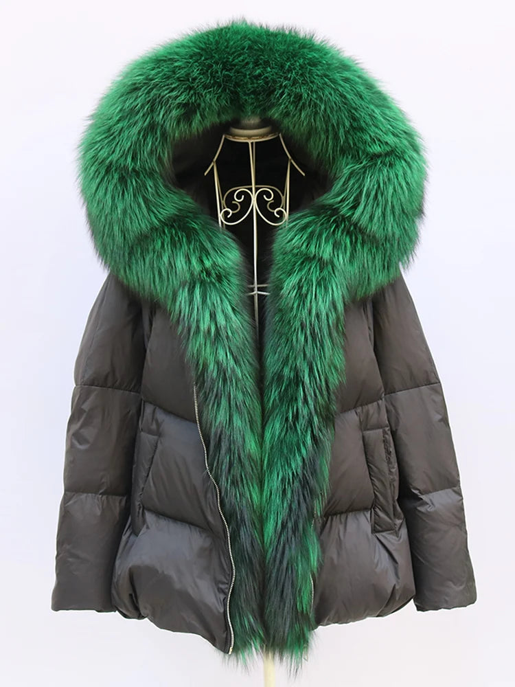 New Fashion Outerwear Puffer Jacket 2024 Women Coat White Duck Down Jacket Super Large Real Silver Fox Fur Collar Hooded