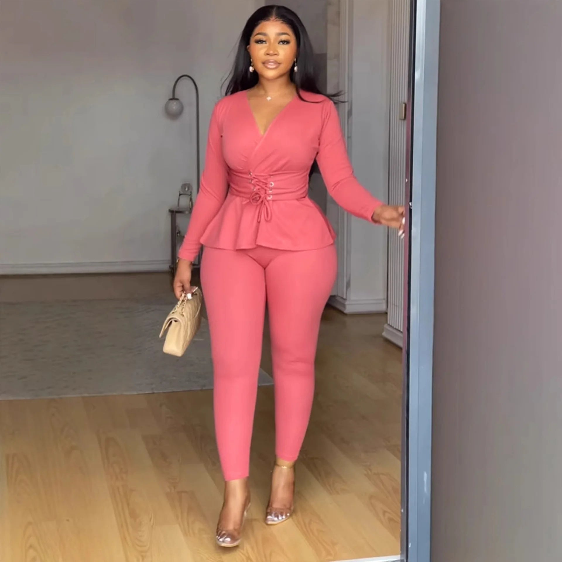 Pant Set Women Two Piece Sets V Neck Elegnt Work Solid Casual Slim Fit High Waist Tops Matching Sets Long Pants Slim Fit 2025