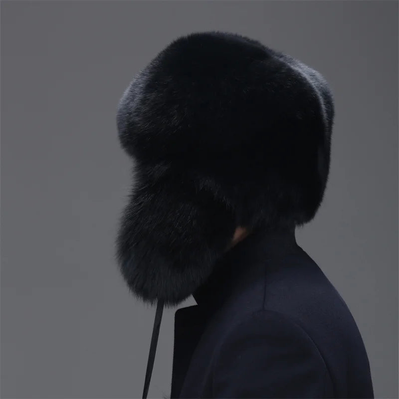 Men Real Fox Fur Beanies Hat Mongolian Hat Unique Process Fox Tail Design Luxury Winter Warm Hats For Fashion Men Bomber Hat