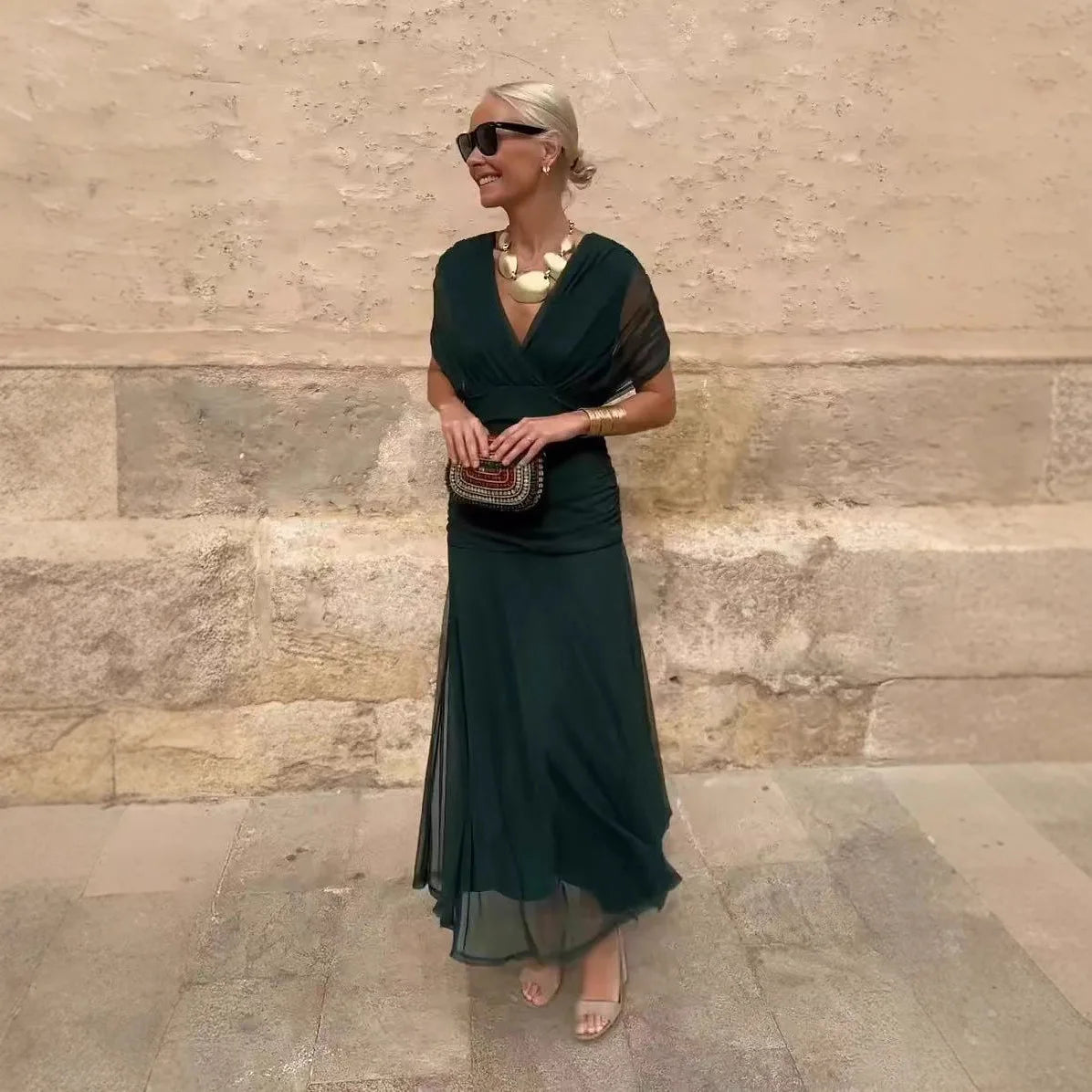 2025 New Fashion Printed Ruffle Dress Your Summer Casual Loose Bohemian Vacation V-neck Short-sleeved Long Dresses For...