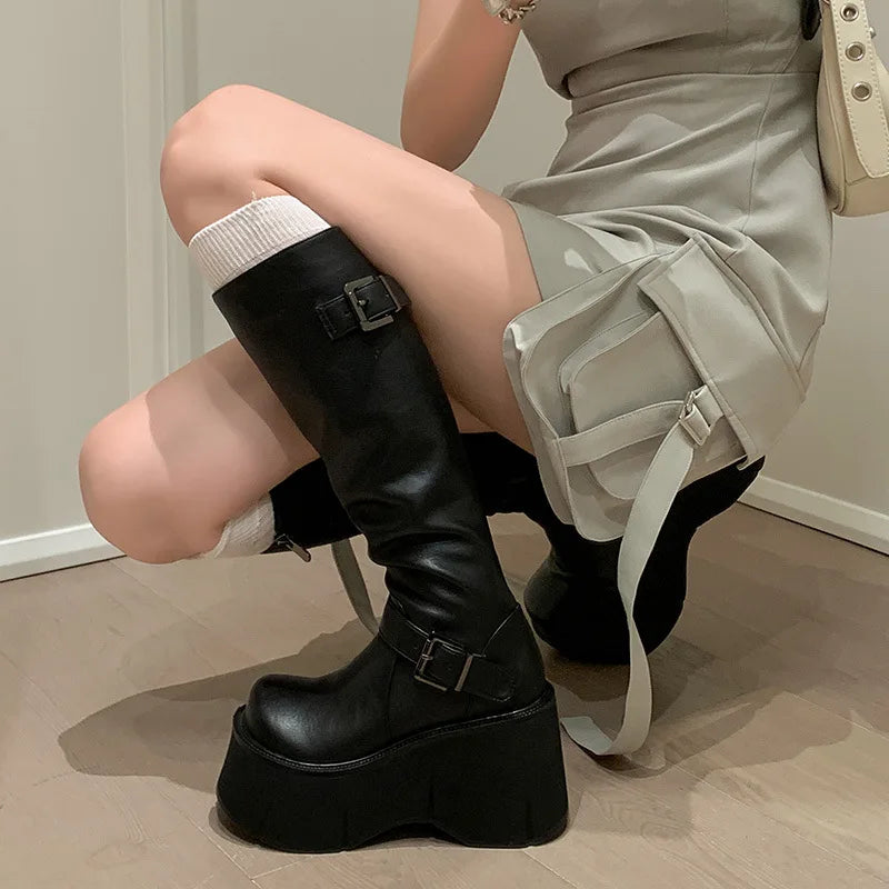 2024 Women's Shoes Basic Women's Boots Classics Knee-High Boots Women Belt Buckle Side Zip Round Toe Wedge Platform Shoes Ladies