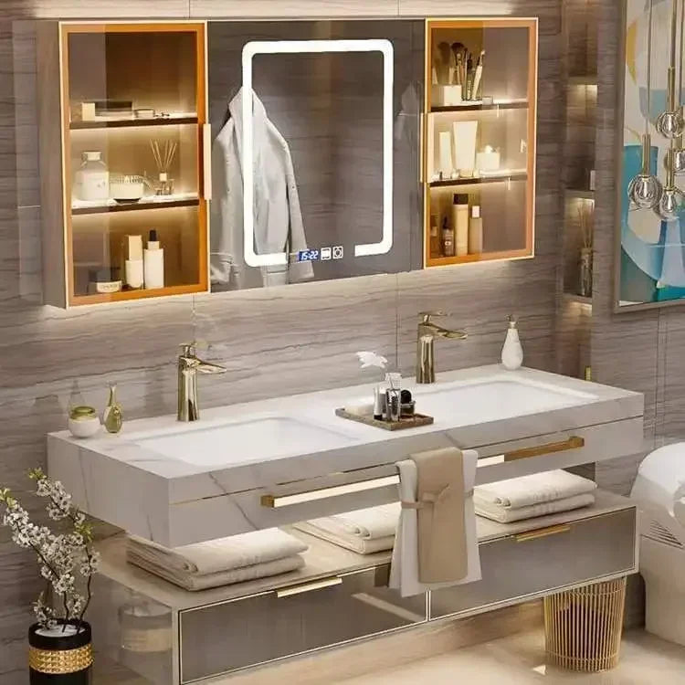Modern Slate Bathroom Cabinet with Smart Mirror Ceramic Double Washbasin Bathroom Vanity Cabinets Under Sink Bathroom Furniture - Kimlud