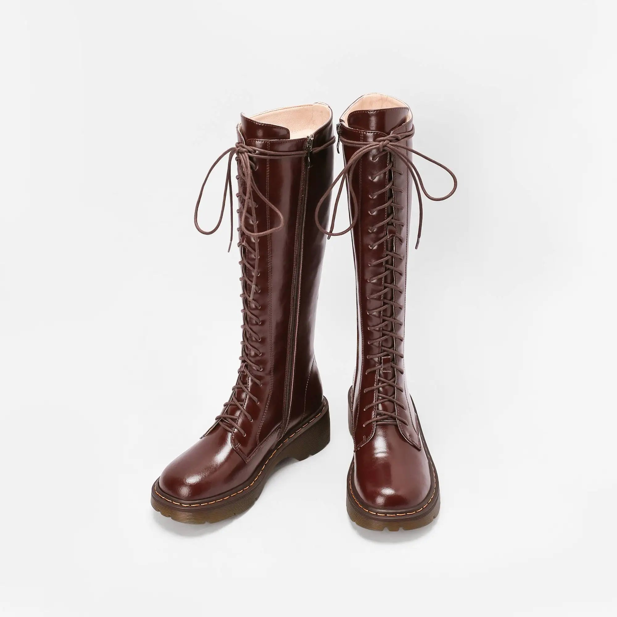 Krazing Pot Vintage Cow Split Leather Wool Snow Boots Winter Keep Warm Round Toe Cross-tied Med Heels Platform Thigh High Boots