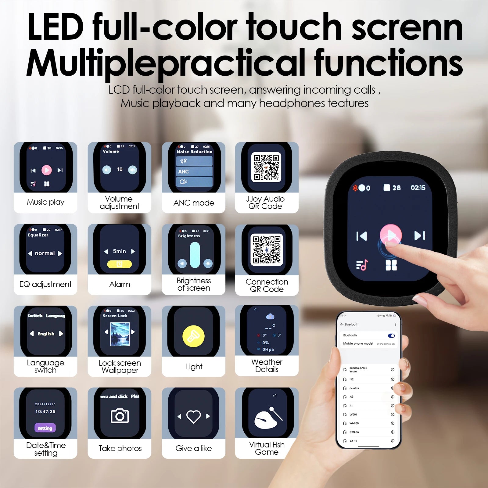 Siindoo NEWEST ANC930Plus Hybrid ANC Wireless Headphone, With Multi Magnetic Touch Control LED Screen AND APP Download 1GB MP3