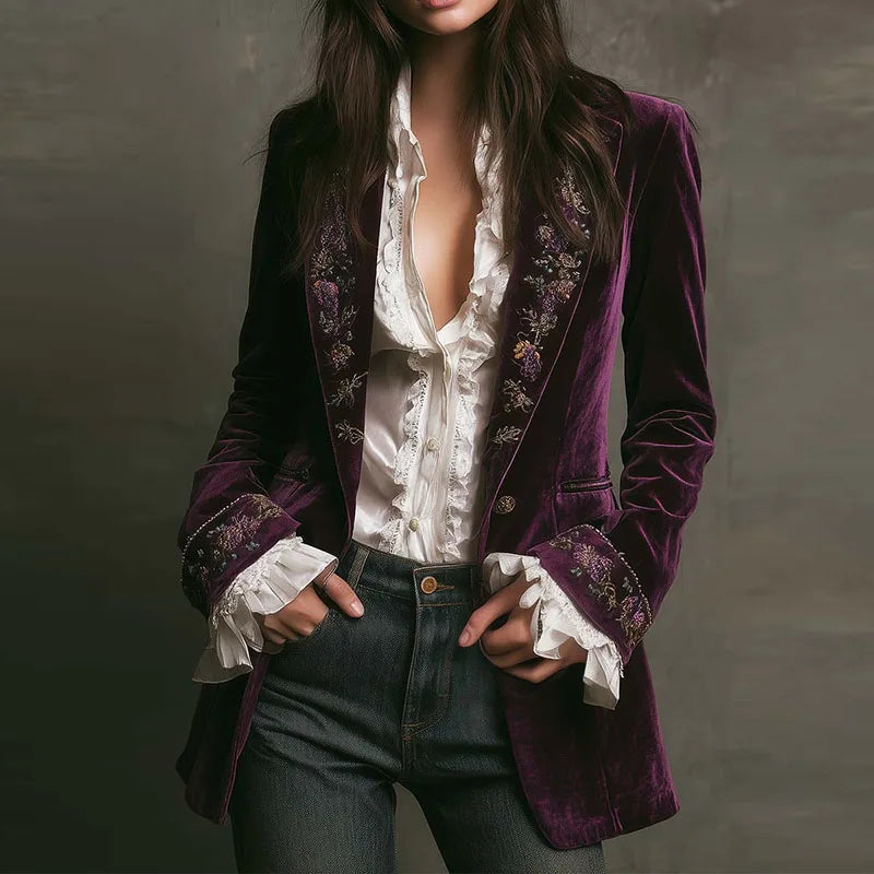 Ethnic Retro Floral Print Velvet Woman Blazer Jacket Sexy Notched Collar Slim Autumn Outerwear Long Sleeve Winter Cardigans Coat