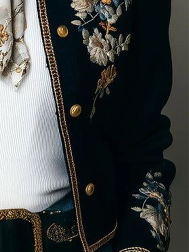 American Retro Floral Printed Jacket for Women'a Fall Winter Turn Down Collar Single Breasted Casual Vintage Short Coat 2025