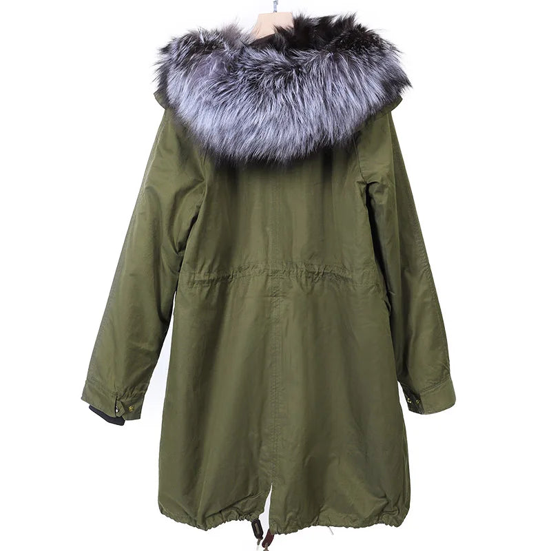 Maomaokong Winter Women's Fur Jacket Long Outdoor Tops Real Fox Fur Collar Inner Fur Lining Parka Natural Silver Fox Women Coat