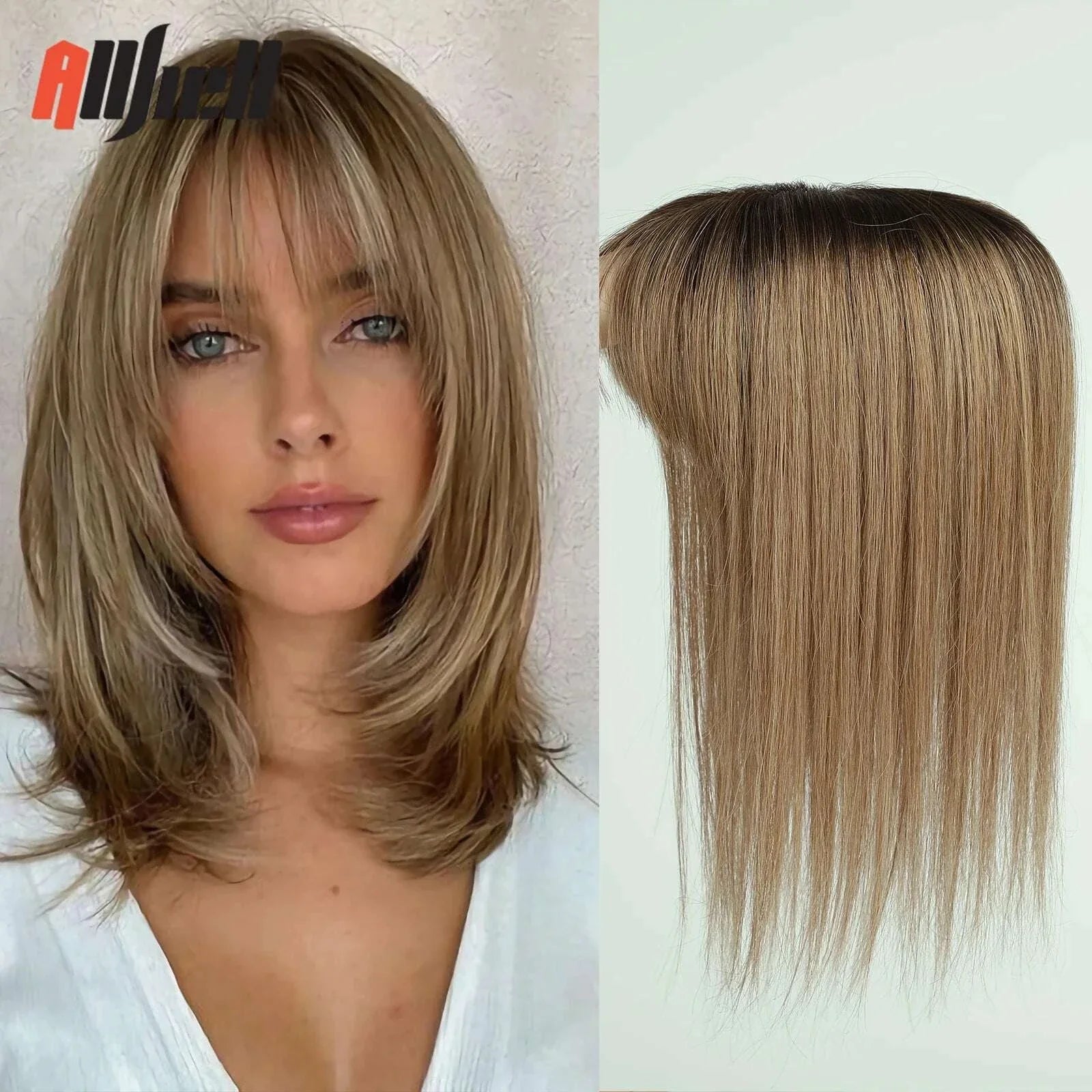 10/12/14 inches Hair Toppers for Women Brown Blonde Ombre Human Hair Toppers Silk Base Clips in Hair Extension Topper With Bangs