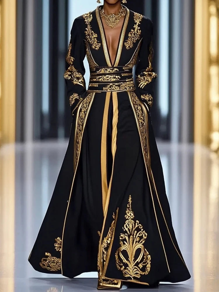 Retro Patchwork Printing Fashion Maxi Dress, Women Autumn Long Sleeve Chic Party Dress, 2025 V Neck Vintage Loose Ladies Dresses